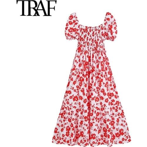 2021 Ladies Fashion Floral Ruffle Mid-length Poplin Dress Retro Puff Sleeve Blouse Elastic Female Dress