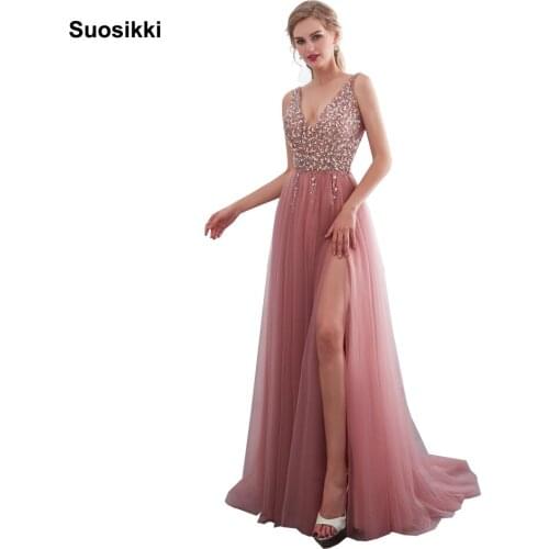 Beading Prom Dresses 2019 V neck Pink High Split Tulle Sweep Train Sleeveless Evening Gown A-line Lace Up Backless Vestido De