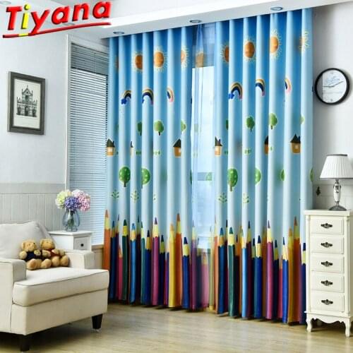 Rainbow Pencil Print Curtains for Living Room Cartoon Color Pattern Window Drapes for Kids Room Bedroom WP178#35