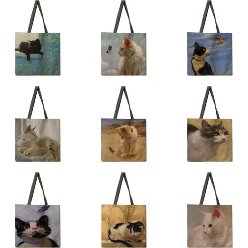 Folding shopping bag thought cat lady shoulder bag female casual handbag outdoor beach bag female tote bag