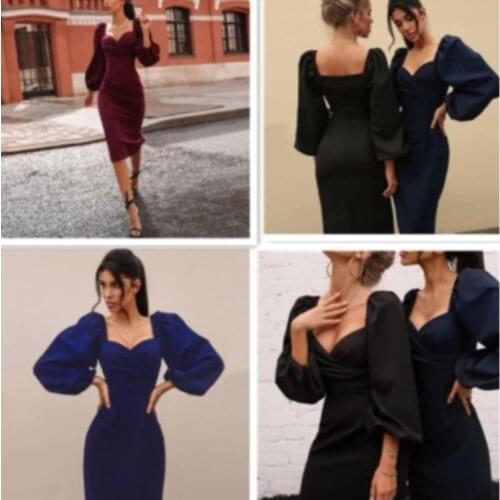 Sexy Bodycon Women Dress Pure V Neck Off Shoulder Lantern Sleeve Dress Party Night Elegant Mid Christmas Dress Mujer Black Dress