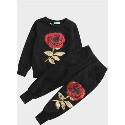 Spring Autumn Fashion Sweet Style Girls Clothing Sets Long Sleeve Roses Floral Embroidered Kids Clothing Sets