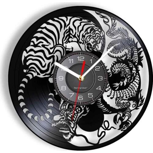 Tiger VS Dragon Vintage Wall Watch Fight Between Wild Animal Forest King & Ancient Loong Luminous Clock Carved Vinyl Record Art