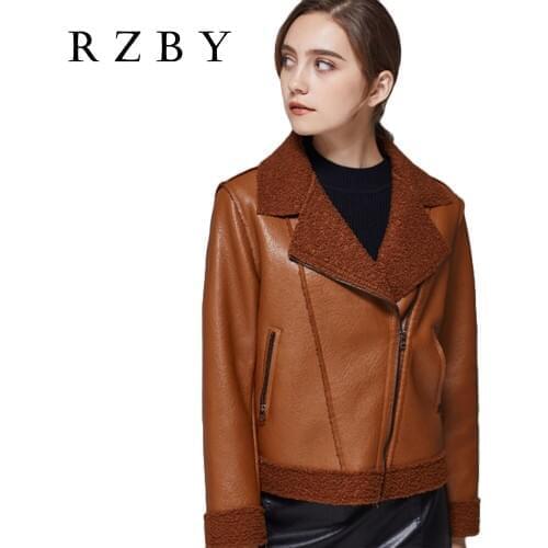 RZBY Autumn Winter Womens New Fashion Casual Street Style Lapel Fur Loose Short Faux PU Leather Jacket Coat Suede Flocking