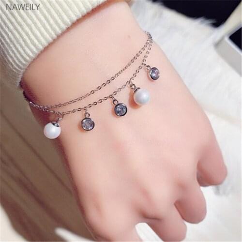 Fashion Double Layer Crystal Charm Bracelet For Women Imitation Pearl Temperament Bracelets Bangles Jewelry Best Gifts