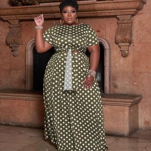 XL-5XL Black White Polka Dot Print Two Piece Skirt Set Women Sexy Short Sleeve O-neck T-shirt+long Maxi Skirts Plus Size Suits