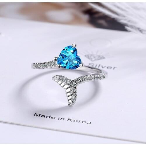 Heart-shaped blue zirconium ring female Korean fashion ins wind fishtail inlaid zirconium sweet open ring