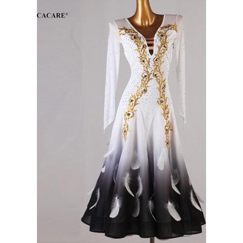 CACARE Ballroom Dance Competition Dresses Waltz Dress Standard Dance Dresses Customize D0811 with Feather Mesh Sleeve Big Hem