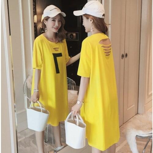 #2351 Cotton Backless Tshirts Dresses In Women Short Sleeve Hollow Out Yellow T-shirt Dress Woman O-neck Loose Dresses Ladies