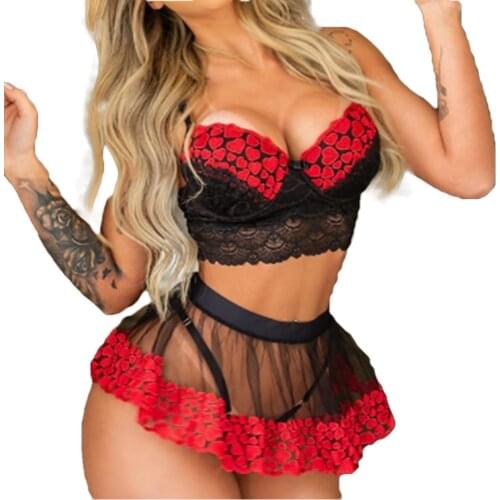 Woman Erotic Costume Sets Fashion Women Sexy Sleeveless Lace Mesh Peach Heart Print Bra Top Mini Skirt Suits Sexy