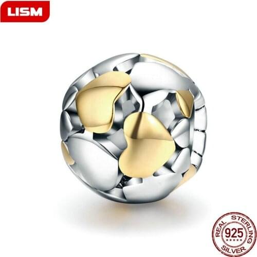 925 Sterling Silver Charming round fine gold plating beads Fit Original Charm Bracelet Jewelry making
