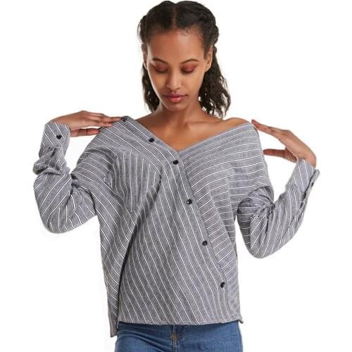 New Fashion Women Fashion Long Sleeve Off Shoulder Turn-down Neck Stripes Office Shirt Cotton Blouse Woman Clothing