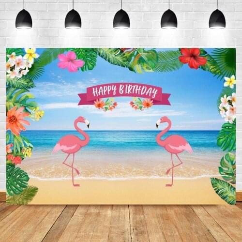 Flamingo On Lake Birthday Backdrop Summer Tropical Hawaiian Floral Photography Background Flower Baby Shower Cake Table Banner
