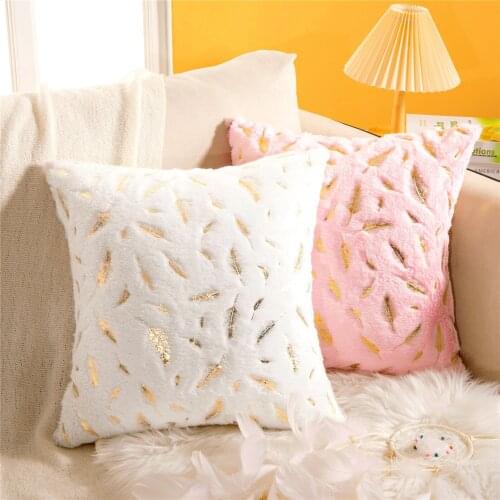 Flannel Cushion Cover Throw Pillowcase Ins Decorative Feather Golden Leaves Square Pillow Cover For Sofa Bed Car 45x45cm White