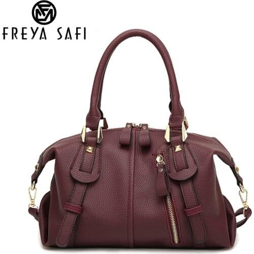 Freya Safi Boston Litchi pattern Handbag High Quality PU Leather Casual Shoulder Bags Large Capacity Solid Crossbody Bag