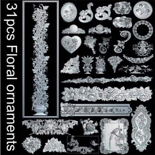 Hi-Q 31pcs Floral ornaments 3d model STL relief for cnc STL format flower 3d Relief Model STL Router 3 axis Engraver ArtCam