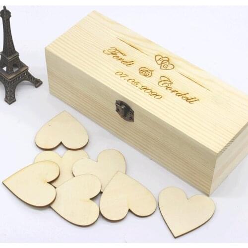 Personalized Wedding Guest Book With Hearts, Custom Name And Date Wooden Keepsake Wish Box, Rustic Engrave Party Guest Book