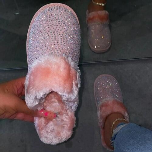 Faux Fur Warm House Slippers Women 2020 New Fashion Womens Slippers Winter New Hedging Rhinestone Flat Home Slippers 35-43