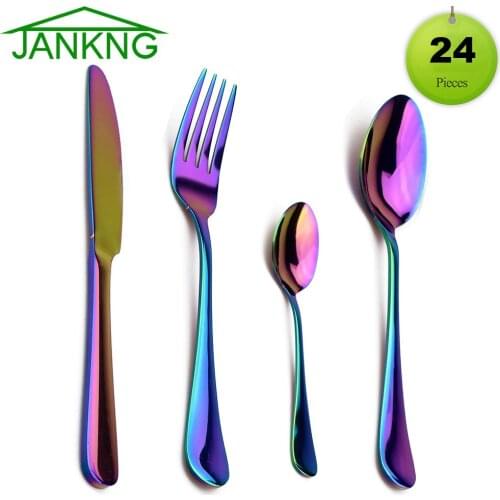 JANKNG 24Pcs Stainless Steel Dinnerware 6 Set Black Rainbow Rose Gold Cutlery Dinner Western Tableware Accessories Droppshipping