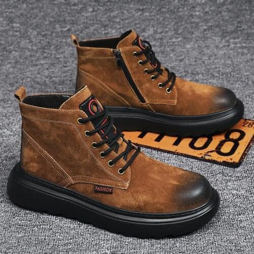 Brown High Quality Men Genuine Leather Martin Boots Men Platform Boots Shoes Autumn and Winter Fur Mens Work Shoes hombres botas