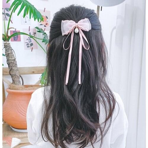 Children Sweet Hairpin Korean Fashion Net Yarn Bow Hair Clip Pearl Headdress Ins Ribbon Tassel Streamer Top Clip Hair Accessory