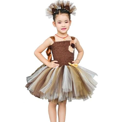 Brown Flower Girls Tutu Dress Children Cosplay Animal Lion Costume Dress Up Fancy Girl Kids Halloween Birthday Party Dress 1-14Y