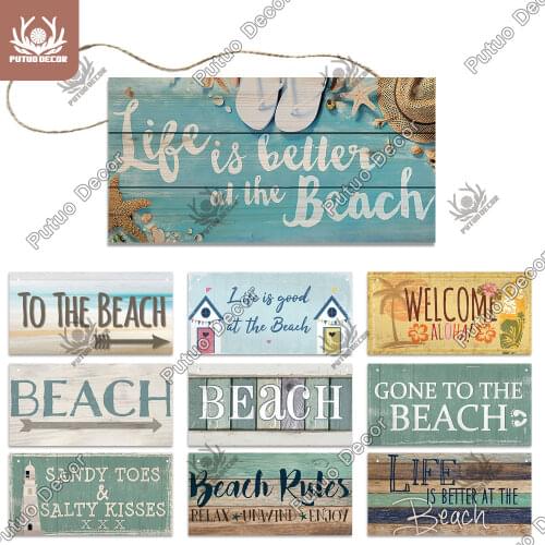 Putuo Decor Beach Signs Hanging Plaque Summer Wood Wall Plaque Wooden Signs for Beach House Decoration Bar Beach Tent Decor