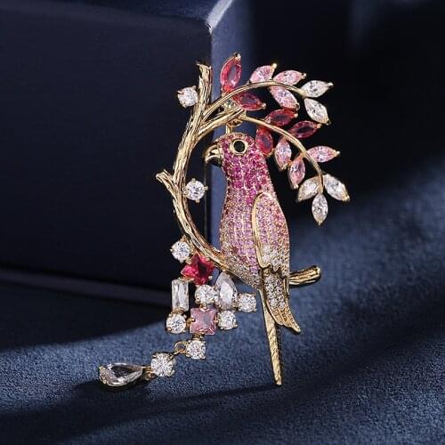 Luxury Cubic Zircon Parrot Brooch Bird Collar Pins For Suit Shining Womens Brooches 2021 Fashion Style Animal Jewelry Broches