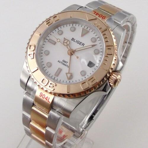 Rose Gold 40mm Automatic Watch For Men GMT Function Cyclops White Dial Two Tone Oyster Bracelet Sapphire Glass 904L Steel Lume