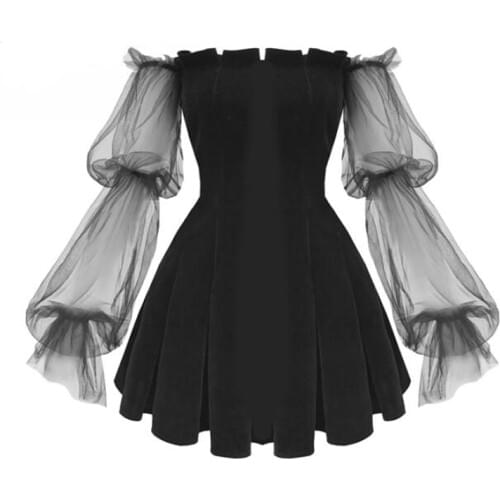 Spring 2020 Gothic Sexy Harajuku Black Women Mini Dresses Sexy Club Punk Mesh Puff Sleeve Female Dress Off Shoulder Vestidos