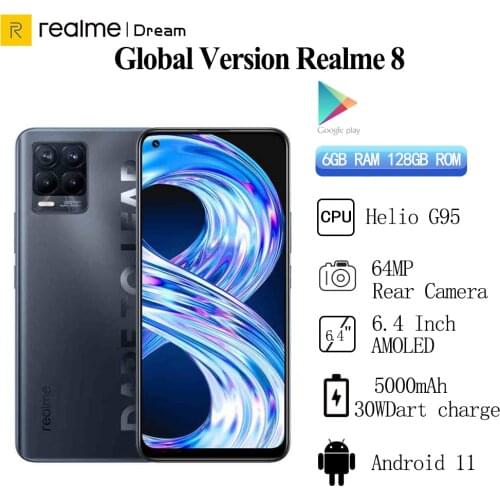 Realme 8 RU Version Smartphone 6G 128G Helio G95 Octa Core 64MP Quad Camera 6.44"inch AMOLED Display 5000mAh Battery 30W Charge