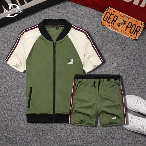 Summer Men Casual Sets Jogger Short Sleeve Tracksuits Tshirt+Shorts Sets New Mens Sportswear Solid Patchwork Zipper Loose Suit