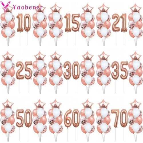 22pcs Rose Gold Number Foil Latex Balloons Happy Birthday Party Decorations Adult Kids 10 15 16 18 25 30 35 40 50 60 Years Old
