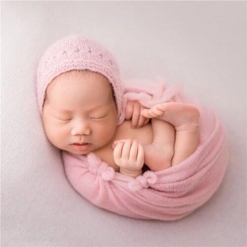 Knitted Newborn Bonnet Stretch Knit Wrap Set for Photography Shoot Vintage Baby Girl Jersey Wrap Crochet Mohair Hat set Props