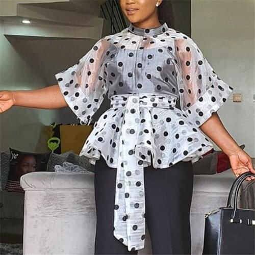 White Blouses Polka Dot Peplum See Through Sexy Thin Transparent Half Flare Sleeves Waist Belt Tops Shirt Womens Fashion Bluas