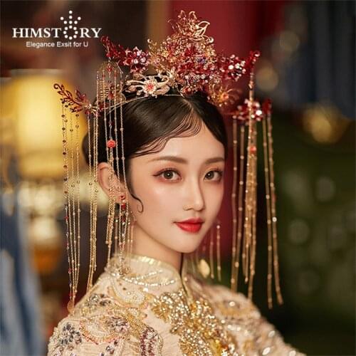 HIMSTORY Newest Chinese Bride Headwear Earring Crown Long Tassel Hair Coronet Phoenix Wedding Hair Accessories Hair Jewelry