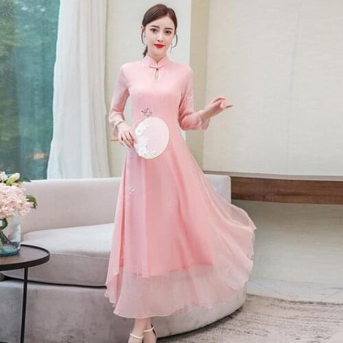 Woman Traditional Chinese Dress Long sleeve Pink Oriental Dresses Spring Ao dai