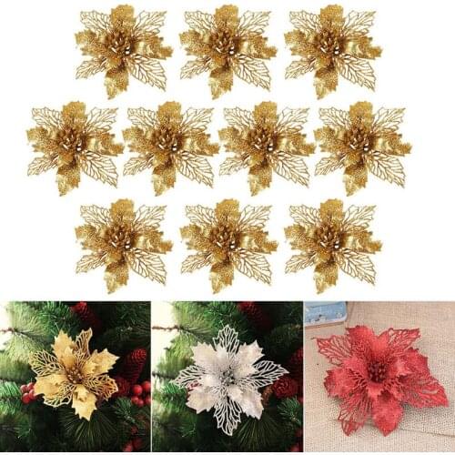 10PCS 15cm Christmas Plastic Simulation Christmas Glitter Hollow Flower Wedding Artificial flowers Valentines Day Decoration