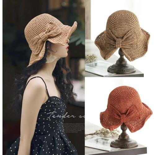 2020 Parent-child 100%Raffia Bow Sun Hat Wide Brim Floppy Summer Hats For Women Beach Panama Straw Dome Bucket Hat Shade Hat