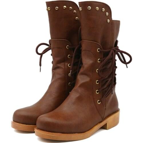 2020 Fashion Mid-Calf Boots Female Winter Boots Vintage Cross Tied Women Zip Boots For Martin Boots PU Leather Booties