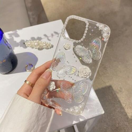 Bling Butterfly Phone Case For iPhone 12 XR XS Max 8 7 Sequins Clear Soft Floral Protection Cover For Funda iPhone 11 X XR Coque