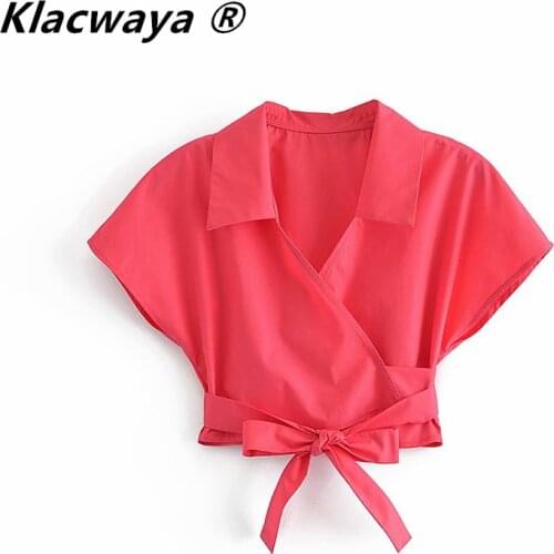 Klacwaya Za Blouses Women Fuchsia Bow Tied Crop Top Female Summer 2021 Fashion Short Sleeve Wrap Casual Chic Woman Blouses