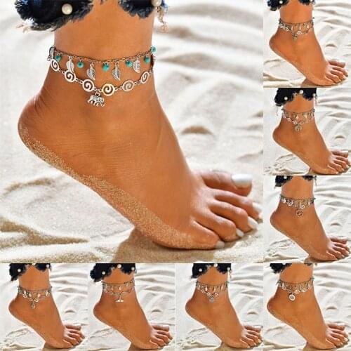 Bohemian Double layer Starfish Turtle elephant Beads Anklets For Women Vintage Boho Anklet Bracelet Beach Jewelry