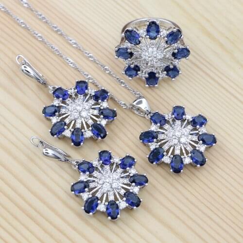 Flower 925 Sterling Silver Jewelry Sets Blue CZ White Crystal for Women Earrings/Ring/Pendant/Necklace