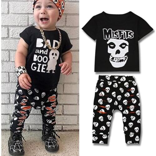 Infant Kids 2 Piece Set Halloween Horror Ghost Monster Skull Bone Print Costume Baby Boys Scary Black T Shirt Tops+ Long Pants