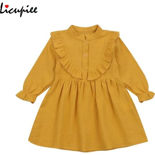 Baby Girl Solid Dresses Summer Toddler Girls Ruffle Dress, Stand Collar Long Sleeve Loose Smock Mini Dress 1-6 Years