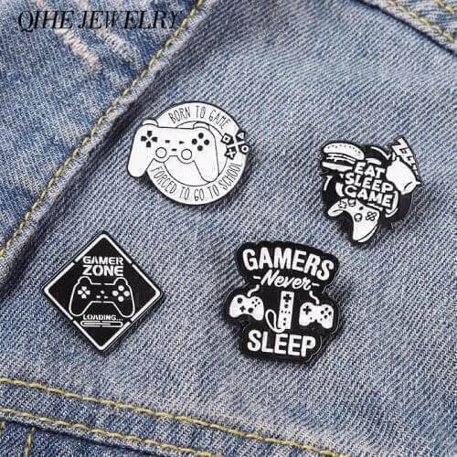 Game Enamel Pins Eat Sleep and Game Brooches for Gamer Black White Letter Metal Badge for Backpack Hat Bags Men Jewelry