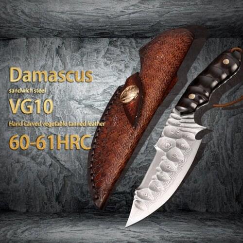 Hysenss VG10 Ebony Handle Damascus Sandwich Steel Tanned Leather Hunting Knife Utility Self Defense Survival Straight Knife Gift