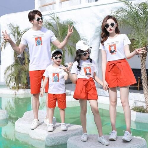 Summer Family Matching Outfits Dad Son Mom Girls Sets White Short Sleeve T-shirt+Orange Shorts 2PCS 100%Cotton Suits Clothes