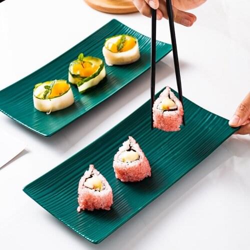Creative Ceramic Plate Plate Breakfast Plate Western Plate Striped Plate Rectangular Creative Nordic Tableware Matte Ink Green